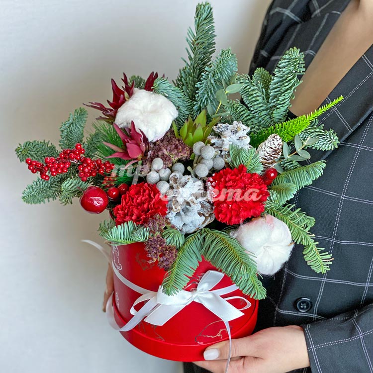 Гвоздика и бруния в хвойных ветках (в руках)